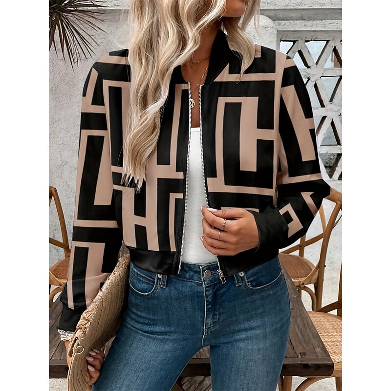 Women's Bomber Jacket Casual Jacket Comfortable Breathable Zipper Print Casual Geometric Vacation Street Casual Daily Wear Zipper Short Stand Collar Regular Fit Long Sleeve Outerwear Khaki Summer3