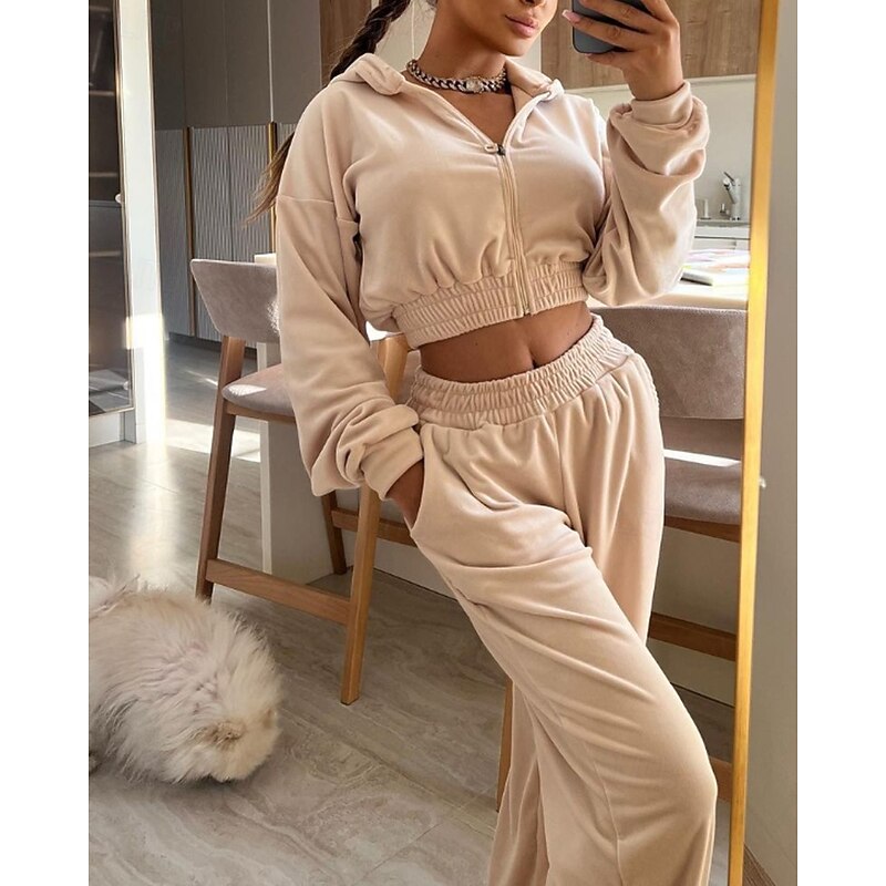 Women's Tracksuit Sweatpants Wide Leg Pants Cropped Zipper Pocket Solid Colored Clothing Suit Fall Black White Gym Athleisure Running Thermal Warm Windproof Long Sleeve Sport Activewear Stretchy2
