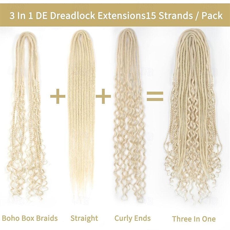 DE Dreadlock Extensions 24 Inch 3 In 1 Synthetic Dreads Extensions Mixed DE Dreads Hippie Style 15 Strands Handmade Braid in Dreadlock Extensions Soft Double Ended Curly Boho Wavy Dreads Women2
