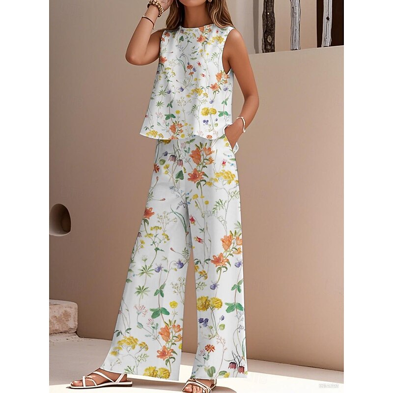 Women's Elegant Fashion Streetwear Two Piece Sets Blouse Vest Pants Trousers Sleeveless Crew Neck Outdoor Work Casual Floral Print Vacation Daily Holiday White Navy Blue Blue Summer Regular Fit