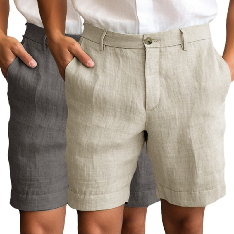 Men's Shorts Linen Shorts Dress Shorts Summer Shorts Beach Shorts Zipper Buttons Pocket Plain Comfort Breathable Knee Length Outdoor Daily Going out Fashion Classic Style Black+Grey White+Green2