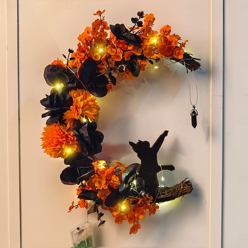 Halloween Curved Moon Wreath with Black Cat, Orange and Black Crescent Moon Door Hanger, Front Door Wreath for Outdoor Yard Porch Halloween Decoration
