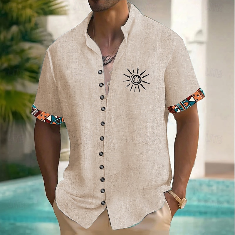 Men's Sun Ethnic Indian Culture Shirt Button Up Shirt Stand Collar Shirt Short Sleeves Vintage Retro Vacation Daily Summer Spring Grandad Collar Mandarin Collar 3D Print Linen Like Shirt Blue Green