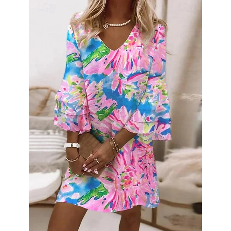 Women's Mini Dress Sundress A Line Dress Boho Party Regular Fit Floral Graphic 3/4 Length Sleeve V Neck Light Pink Light Green Dark Pink Sky Blue Summer Spring3
