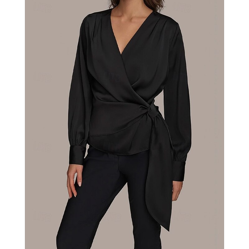 Two Piece Pantsuit Pantsuit Mother of the Bride Pantsuit Elegant Vintage Simple V Neck Ankle Length Satin Top Stretch Crepe Pants V Long Sleeve with Bow(s) Ruched2