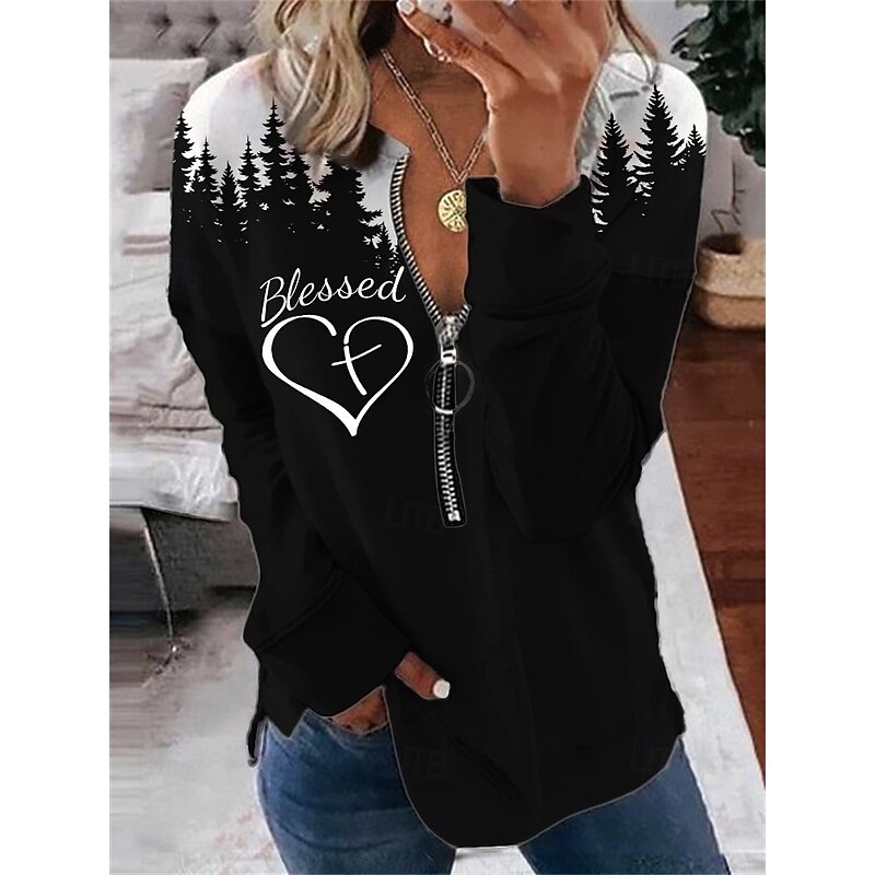Women's Blouse Heart Daily Stylish Long Sleeve Crew Neck Regular Tops Daily Going out Print Quarter Zip Black Spring Fall