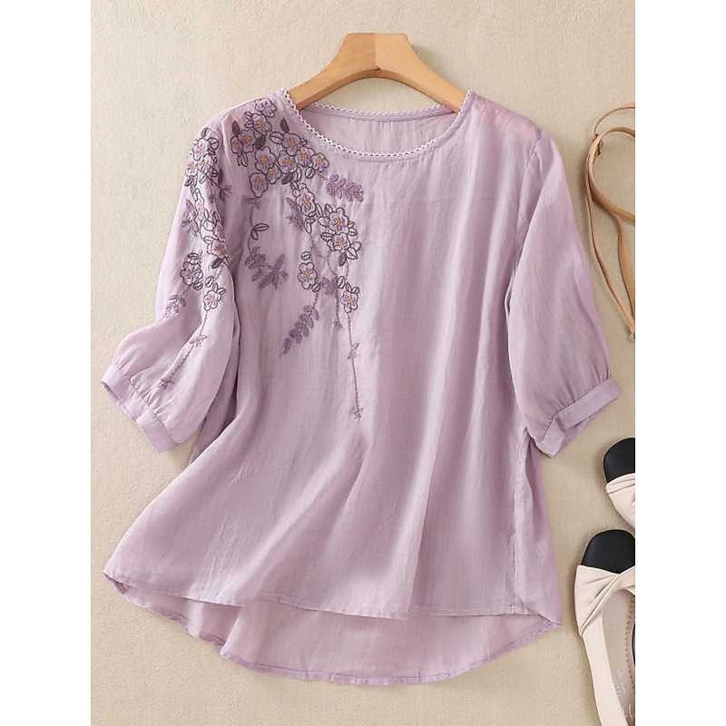 Women's Cotton Linen Shirts Solid Color Basic Casual 3/4 Length Sleeve Crew Neck Regular Tops Daily Embroidered Yellow Purple Green Gray Summer