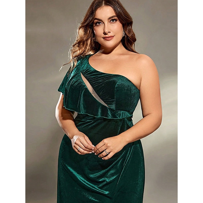 A-Line Evening Gown Elegant Dress Formal Wedding Floor Length Sleeveless One Shoulder Velvet with Slit2