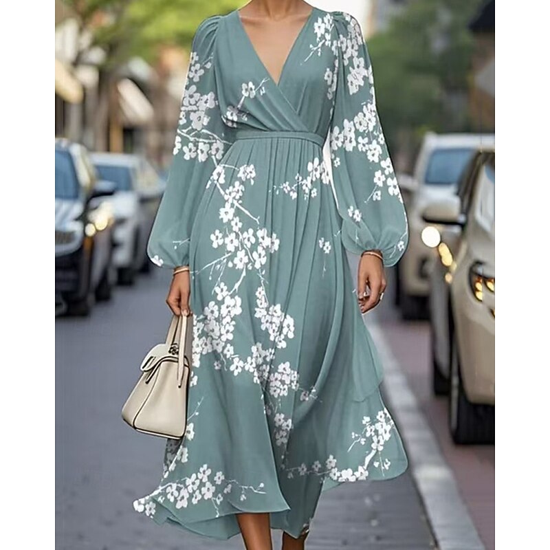 Women's Midi Dress Casual Dress Print Dress Elegant Fashion Outdoor Party Holiday Regular Fit Flower Long Sleeve V Neck Black Orange Light Blue Summer Spring