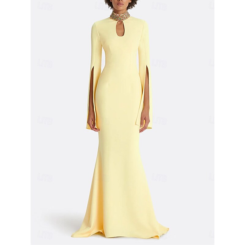 Mermaid / Trumpet Party Dresses Elegant Dress Formal Wedding Floor Length Long Sleeve Crew Neck Satin with Embroidery