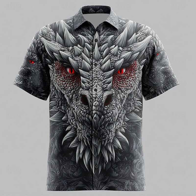 Men's Animal Dragon 3D Shirt Summer Shirt Button Up Shirt Short Sleeve Dark Gothic Style Holiday Streetwear Summer Spring Turndown 3D Print Collared Shirts Black