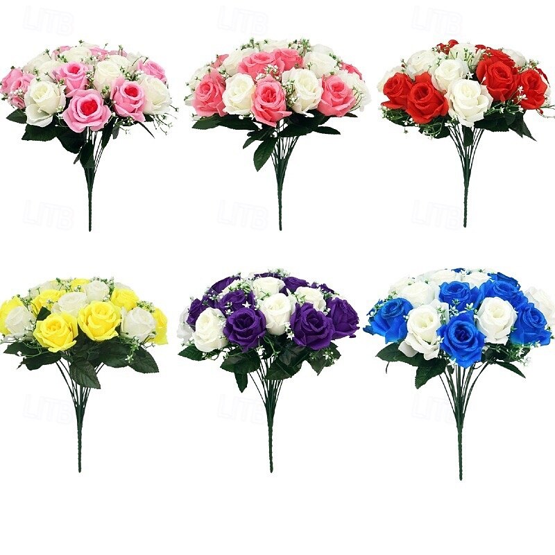 Artificial Rose Bouquet with 18 Roses and Small Flowers, Handheld Floral Arrangement for Home Decor, Festivals, and Wedding Bouquets