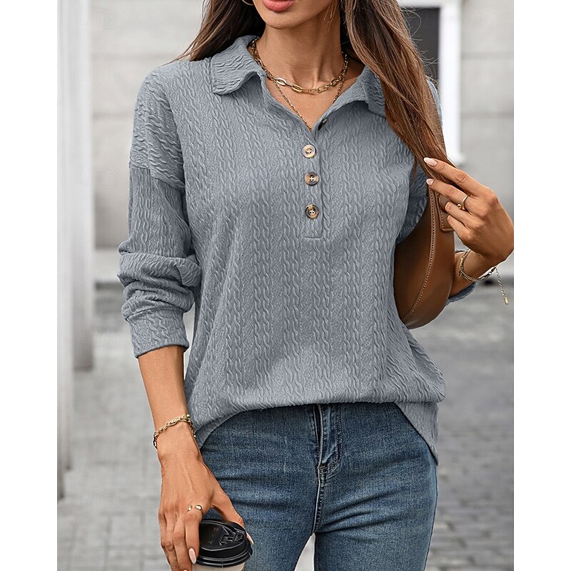 Women's Pullover Sweatshirt Plain Streetwear Casual Comfy Long Sleeve V Neck Regular Tops Street Holiday Going out Buttons Wine Navy Blue Green Gray Fall