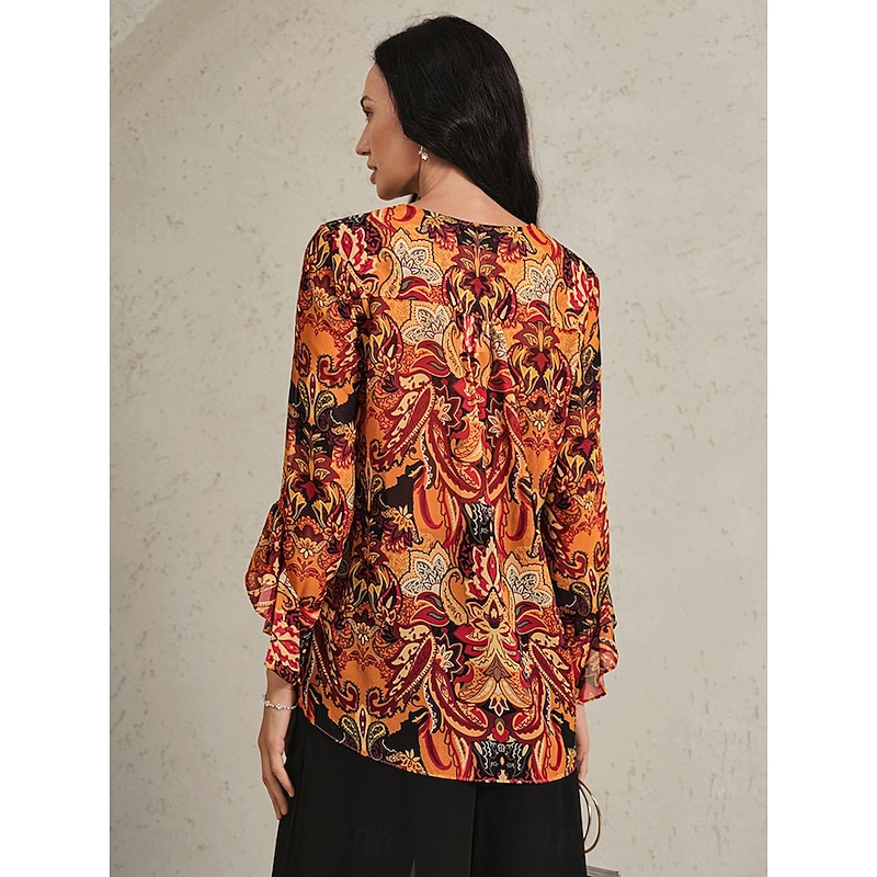 Women's Boho Shirt Blouse Paisley Vintage Stylish Casual Long Sleeve V Neck Regular Tops Wedding Guest Work Daily Ruffle Brown Summer Spring Fall2