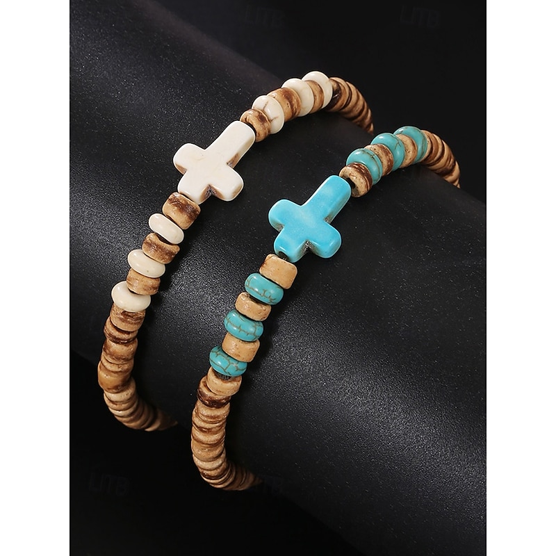 Men's Natural Wood Beaded Bracelet with Turquoise Cross – Handmade Bohemian Stretch Wristband for Casual Wear, Summer Outfits and Beach Vibes4