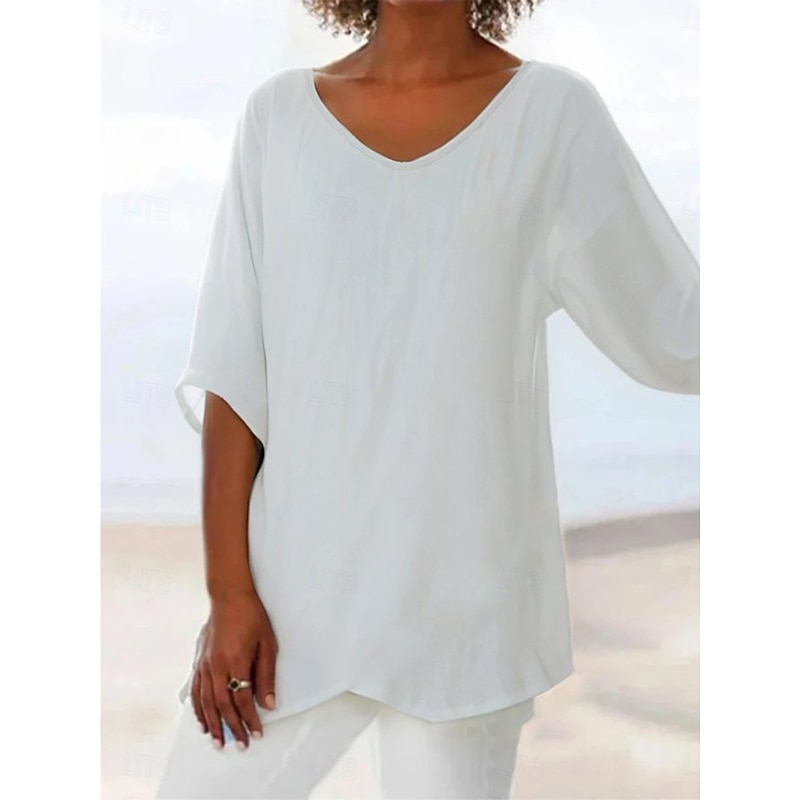 Women's Blouse Long Sleeve Asymmetrical Hem Solid Color Graphic Plain Hawaiian Stylish Casual 3/4 Length Sleeve V Neck Regular Tops Daily Holiday Going out Print Asymmetric Hem Black White2