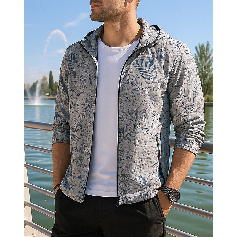 Men's Running Jacket Outdoor Jacket Hooded Long Sleeve Top Athleisure Fall Plants Sun Protection Lightweight Breathable Hiking Running Sportswear Activewear Dark Gray Light Grey4