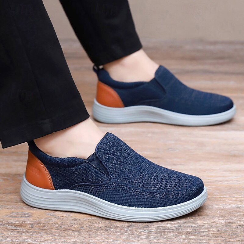 Men's Navy Knit Slip-On Sneakers – Breathable Stretch Fabric with Contrast Heel, Ultra-Light Comfort for Walking, Travel and Daily Wear3