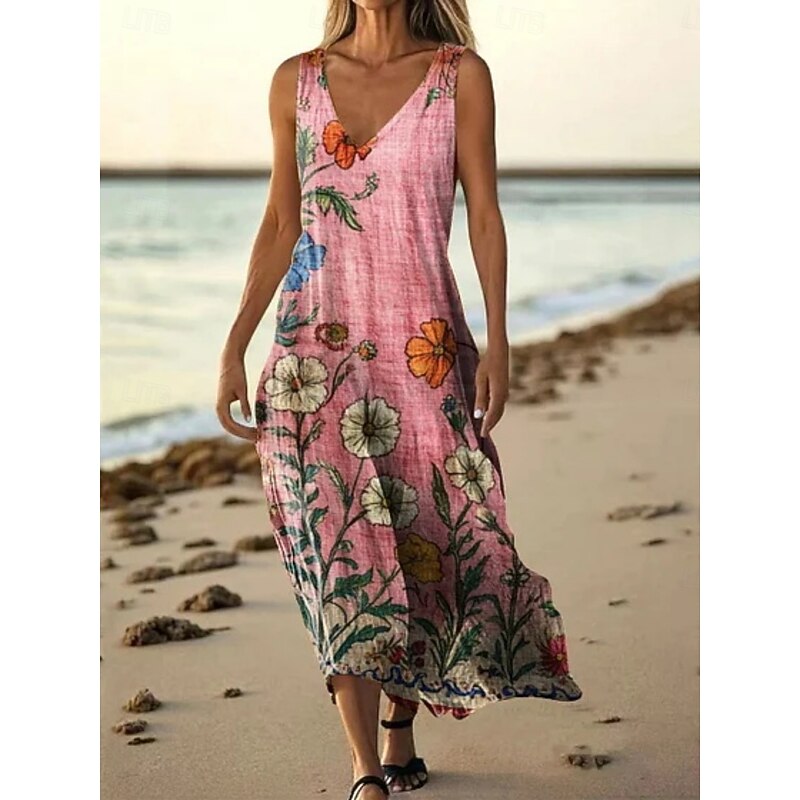 Women's Long Dress Maxi Dress Casual Dress Tank Dress Summer Dress Vintage Daily Holiday Beach Regular Fit Floral Sleeveless V Neck Light Pink Aqua Blue Black Pink Summer4