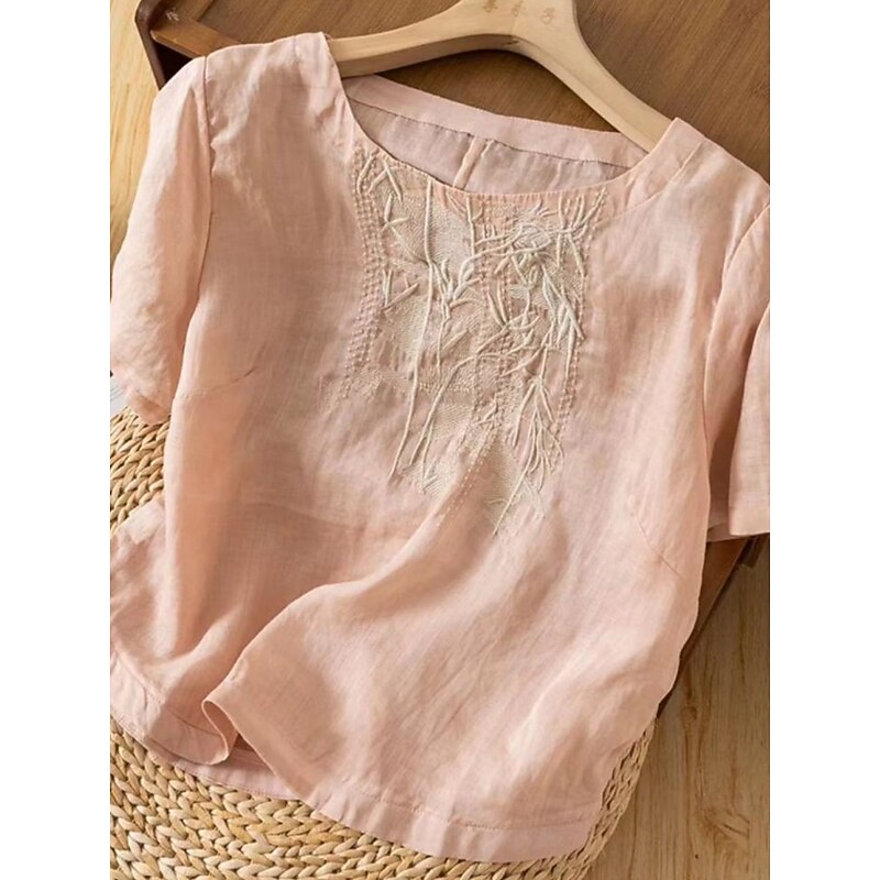 Women's Cotton Linen Shirts Solid Color Elegant Stylish Basic Short Sleeve Crew Neck Regular Tops Daily Embroidered Pink Purple Apricot Summer Spring4