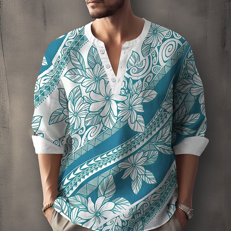 Men's Polynesian Tribal Floral Print Shirt Henley Shirt Tunic Shirts Long Sleeve Vintage Retro Outdoor Vacation Daily Summer Spring V Neck Button Up 3D Print Linen Like Shirt Yellow Red Blue3