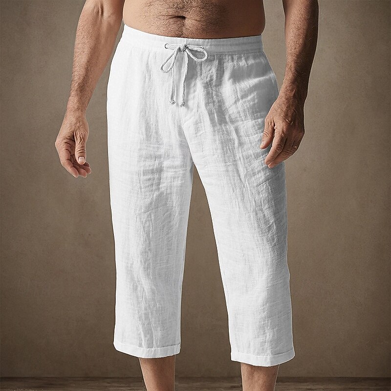 Men's Capri Pants Linen Shorts Summer Shorts Beach Shorts Pocket Elastic Waist Drawstring Plain Comfort Breathable Calf-Length Vacation Holiday Beach Hawaiian Boho Black White