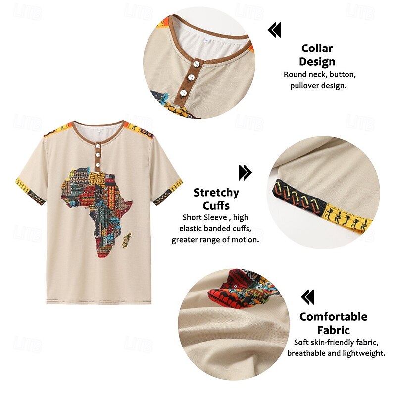 Men's Graphic Tribal Henley Shirt Vintage Shirt Short Sleeve 3D Print Designer Ethnic Comfortable Outdoor Daily Summer Black Blue Brown Green Henley Henley T-Shirt2