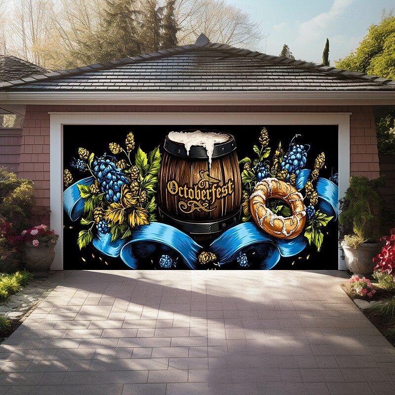 German Oktoberfest 2025 Outdoor Garage Door Cover Banner Pretzel Vintage Märzen Beer Large Backdrop Decoration for Holiday Outdoor Garage Door Home Wall Decorations