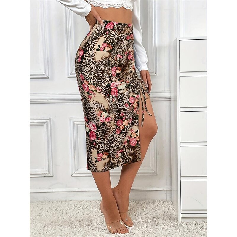 Women's Skirt Bodycon Fashion Casual Midi High Waist Skirts Leopard Floral Print Micro-elastic Party Street Khaki Summer Polyester3