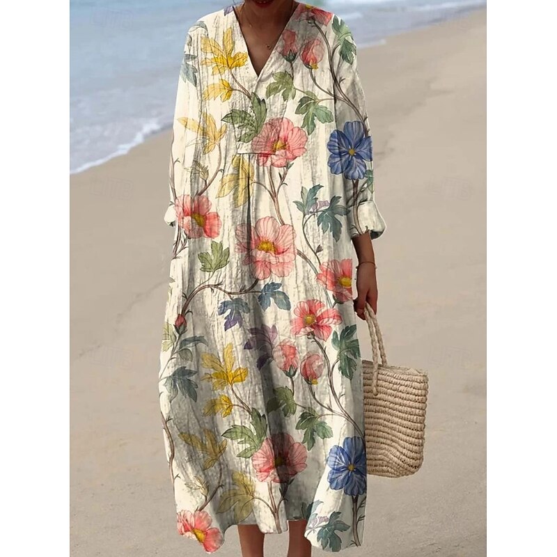 Women's Midi Dress V Neck Long Sleeve Kaftan Lightweight Loose Fit A Line Dress Casual Boho Party Going out Floral Graphic Long Sleeve V Neck Black Pink Red Green4