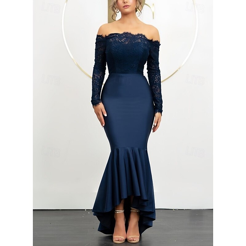 Mermaid / Trumpet Wedding Guest Dresses Elegant Dress Wedding Guest Engagement Asymmetrical Long Sleeve Off Shoulder Lace with Ruffles