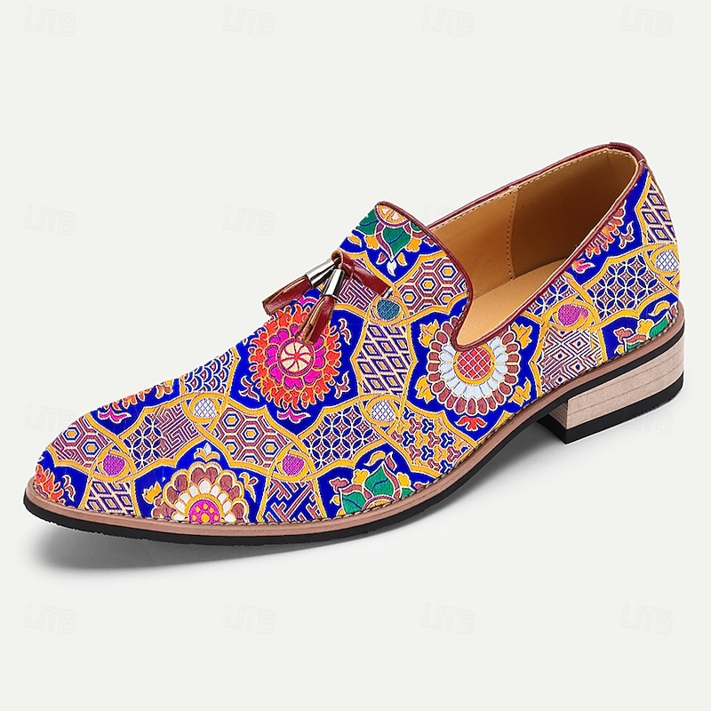 Men's Jacquard Fabric Loafers with Moroccan Floral Pattern, Faux Leather Sole, Artistic Slip-On Dress Shoes for Groomsmen, Performers and Cultural Events3