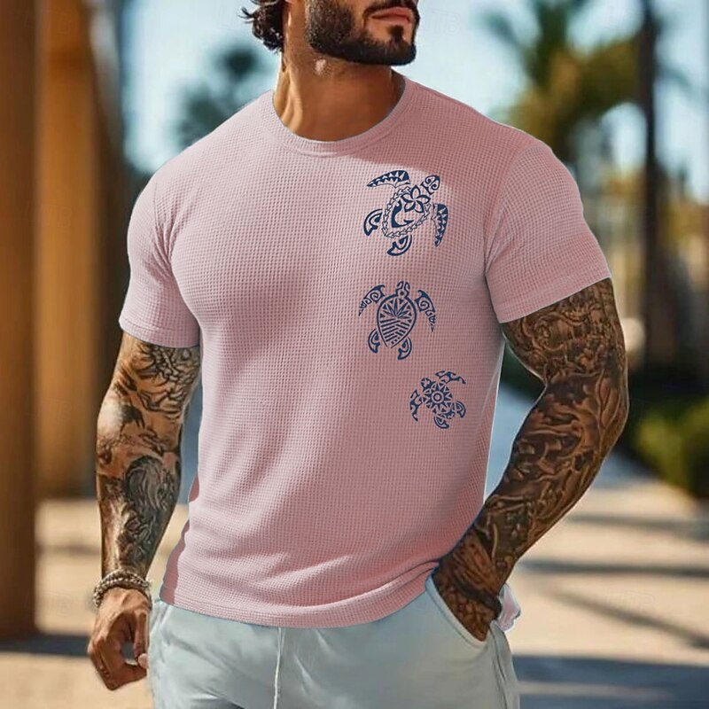 Men's Turtle Maori Waffle Shirt Short Sleeve T shirt 3D Print Crew Neck Shirt Vacation Tropical Daily Vacation Casual Daily Light Blue Light Green Pink Summer Spring Clothing Apparel S M L XL XXL XXXL2