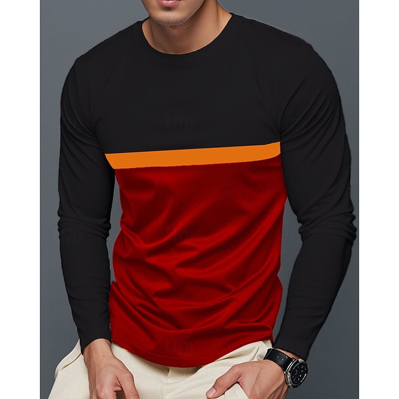 Men's T Shirt Tee Tee Top Long Sleeve Shirt Long Sleeve Crew Neck Spring Fall Color Block Fashion Designer Basic Patchwork Vacation Street Going out Black Yellow Red Top Tee for Men