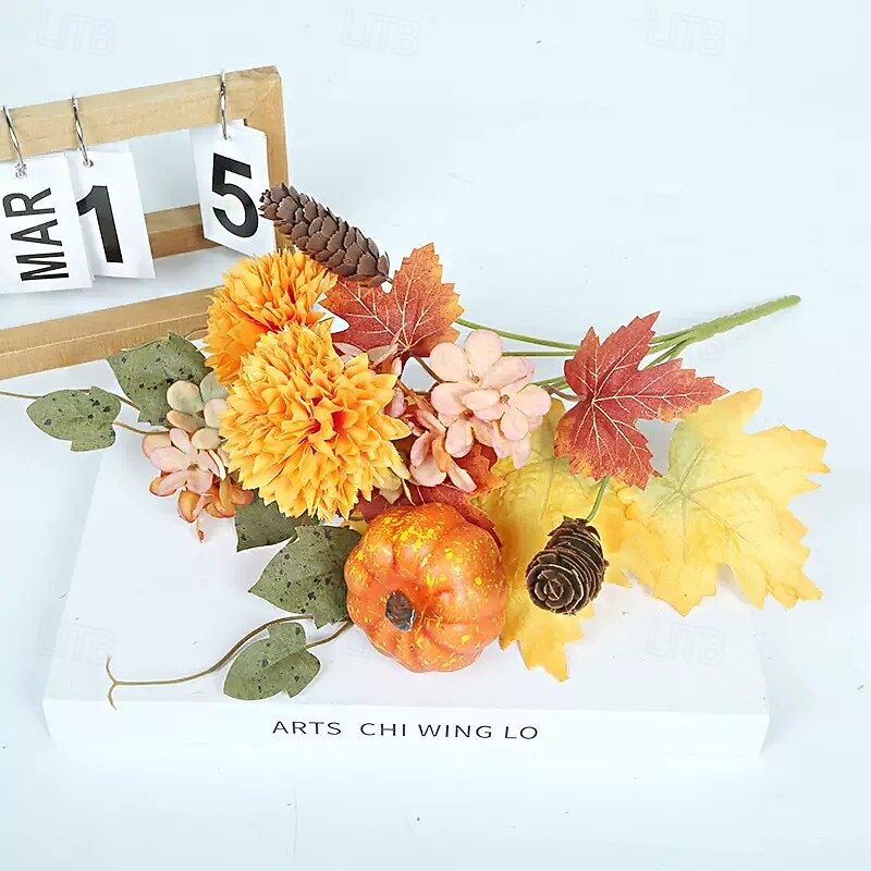 1 Bundle Fall Pumpkin and Maple Leaf Pick, Artificial Harvest Season Home Decor, Thanksgiving Autumn Leaf Arrangement4
