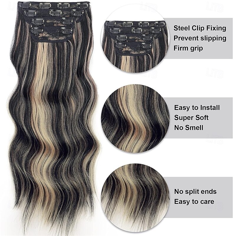 Clip in Hair Extensions 20 Inch Black Mix Blonde Long Hair Extensions Clip Ins 4PCS Soft Synthetic Hairpieces for Women3