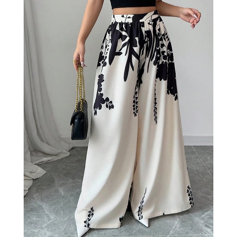 Women's Wide Leg Slacks Streetwear Casual Full Length Natural Flower Elastic Waist Printing Comfy Outdoor Comfortable Holiday Weekend Black White Fall Regular Fit2