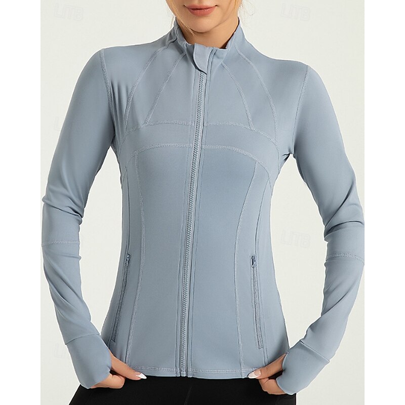 Women's Sport Jacket Stand Collar Sun Protection Stretchy Breathable Finger Coats Long Sleeve Sports Solid Color Jacket For Pilates Running Fitness Activewear