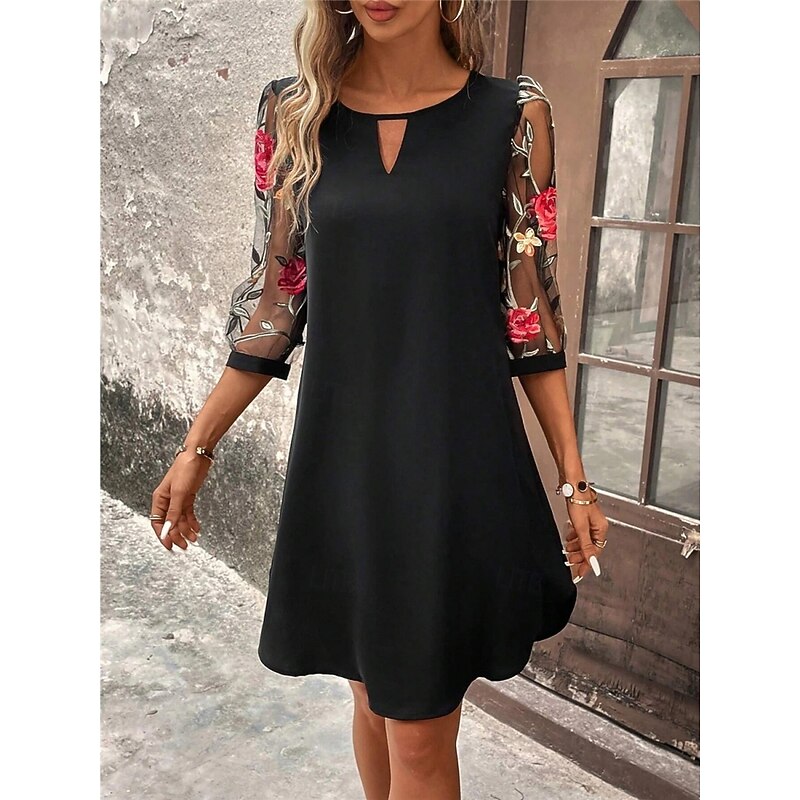 Women's Mini Dress A Line Dress Summer Dress Casual Daily Regular Fit Floral Graphic 3/4 Length Sleeve Crew Neck Black Wine Green Dark Blue Summer3