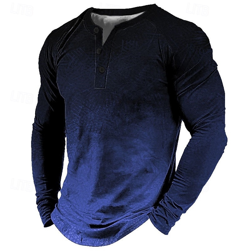 OUKU Men's Graphic Gradient Henley Shirt Tee Vintage Shirt Long Sleeve 3D Print Fashion Designer Comfortable Outdoor Casual Daily Spring &  Fall Blue Red Brown Green Dark Blue Henley Henley T-Shirt4