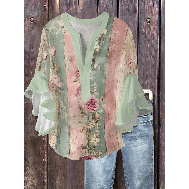 Women's Blouse Floral Stylish Modern 3/4 Length Sleeve V Neck Regular Tops Daily Holiday Ruffle Print Pink Blue Green Apricot Summer4