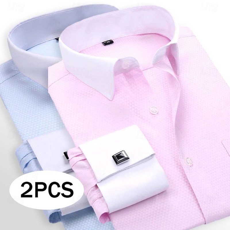 Men's Shirt Dress Shirt French Cuff Shirt Plain Wedding Business Pink+Purple Blue+Light Blue Yellow+Blue Yellow+pink Long Sleeve Collar All Seasons Clothing Apparel Pocket
