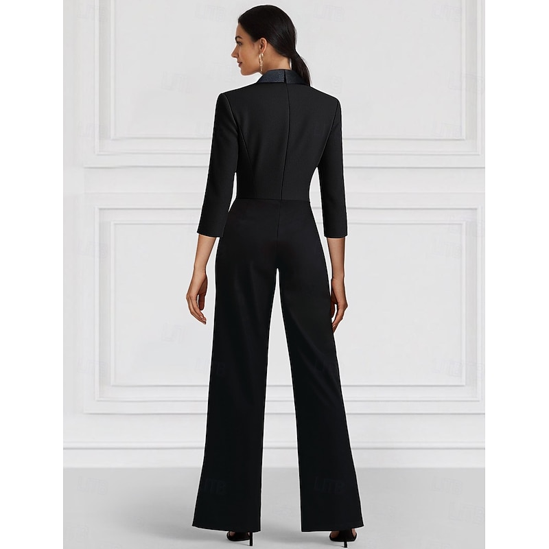 Women's Suits Jumpsuits Formal Wedding Guest Stretch Crepe Elegant Minimalist Casual 3/4 Sleeve Pleated Floor Length Peak Lapel Double Breasted4