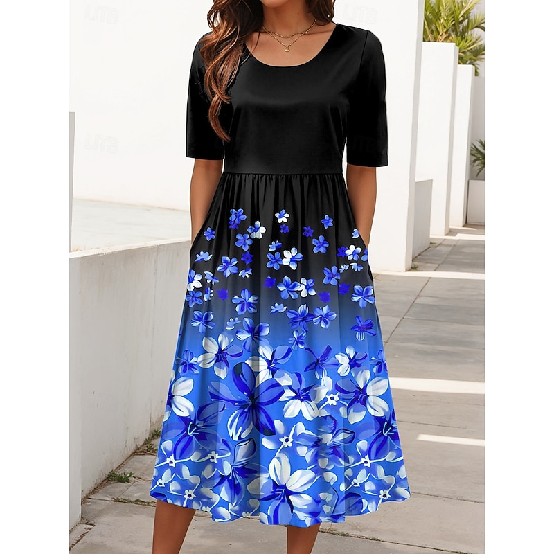 Women's Midi Dress Summer Dress Pleated Dress Vacation Casual Holiday Loose Fit Floral Graphic Half Sleeve Crew Neck Red Blue Purple Green Summer Spring Fall3