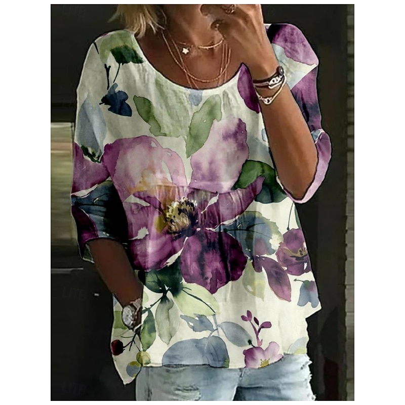 Women's Blouse Floral Stylish 3/4 Length Sleeve Crew Neck Regular Tops Daily Holiday Print Pink Navy Blue Royal Blue Blue Dusty Blue Summer