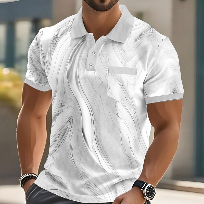 Men's Geometic Line Polo Short Sleeve Polo Shirts Collared Shirts Business Casual Outdoor Athleisure Daily Wear Pocket 3D Print Buttons Summer Pink Blue Gold4