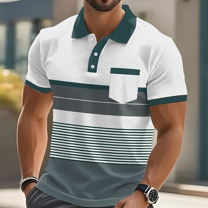 Men's Stripes Polo Short Sleeve Polo Shirts Collared Shirts Business Casual Outdoor Athleisure Daily Wear Pocket 3D Print Buttons Summer Blue Brown Green2