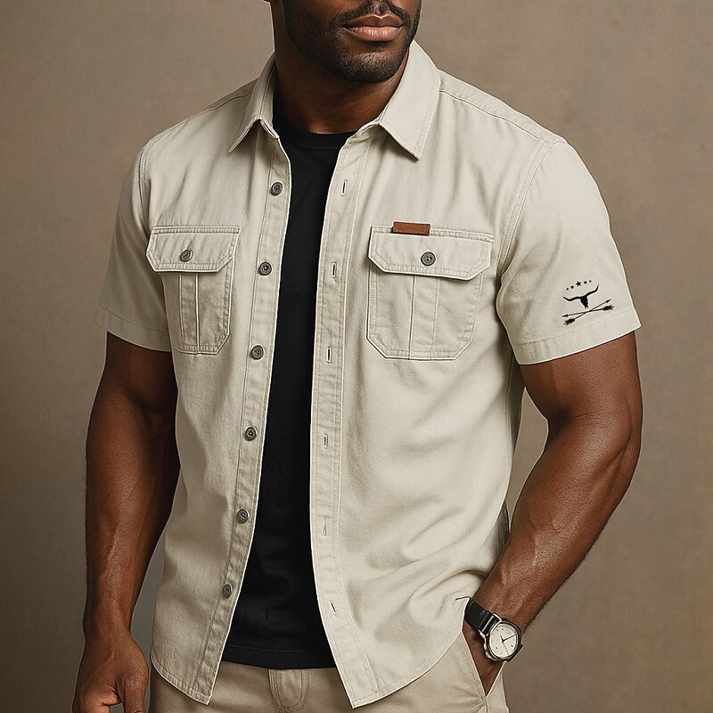 Men's Cow Print Work Shirt Western Shirt Cargo Shirt Short Sleeve Casual Tactical Sports Outdoor Going out Summer Spring Turndown Graphic Cotton Button Up Shirts Army Green Khaki Beige