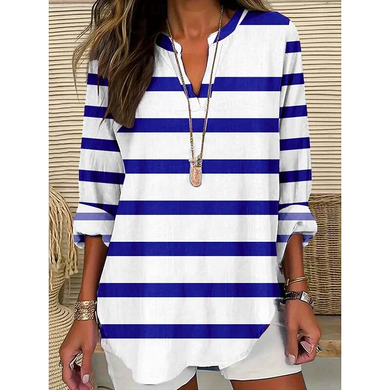 Women's Blouse Striped Stylish Modern Long Sleeve V Neck Regular Tops Daily Holiday Print Black Yellow Wine Purple Green Summer2