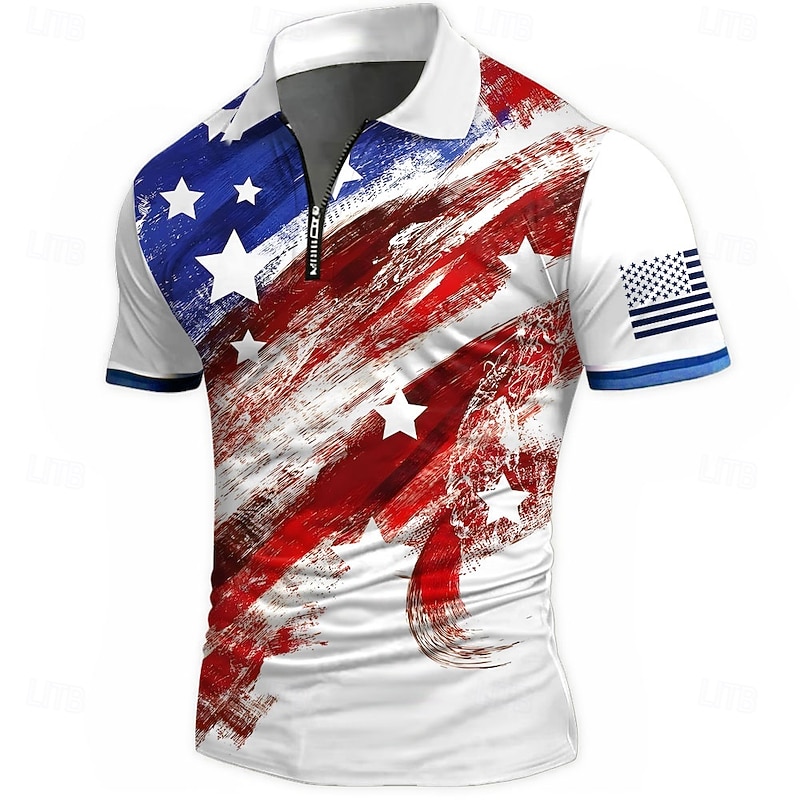 American Independence Day Men's American US Flag Zip Polo Shirts Short Sleeve Polo Shirts Collared Shirts Casual Athleisure Daily Wear 3D Print Summer White Red Blue2